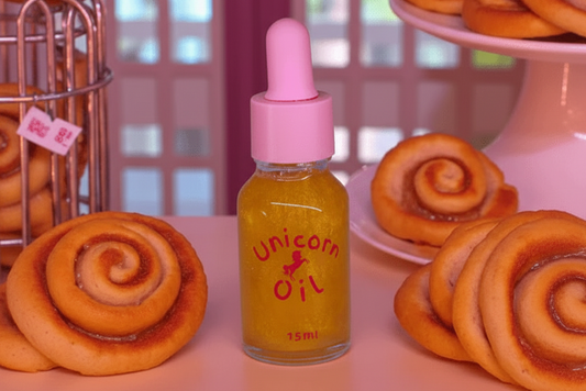 15ml glass dropper bottle of Cinnamon Scroll Unicorn Cuticle Oil showing a golden spiced oil with swirling shimmer.