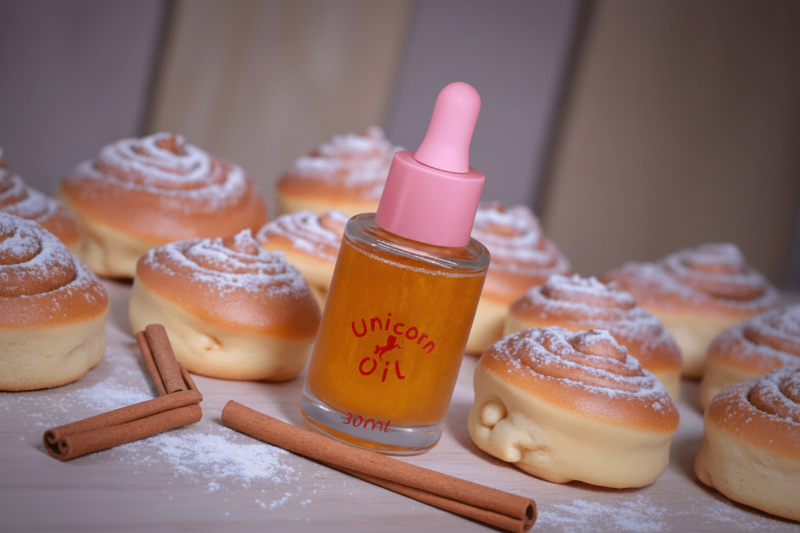 30ml glass dropper bottle of Cinnamon Scroll scentedCuticle Oil showing a golden spiced oil with swirling shimmer.