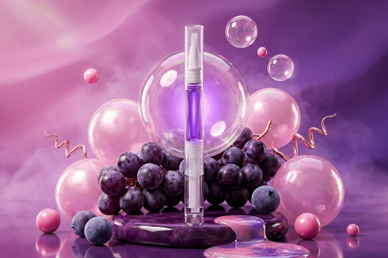 A purple cosmetic cuticle oil bottle standing upright on a glossy purple surface, surrounded by dark purple grapes, pink translucent balloons, floating bubbles, and a soft purple gradient background.