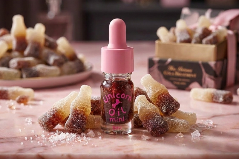 Bottle of 'Unicorn Oil' mini with gummy candies on a wooden surface. Cola bottle scented cuticle nail serum. australian made nail oils