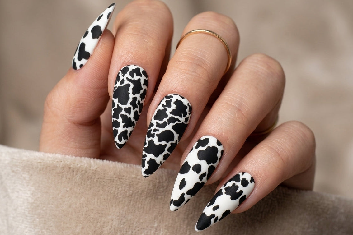 Hand with black and white cow print nails on a neutral background
