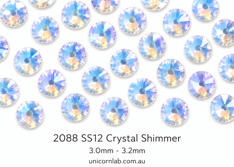 Crystal shimmer stones with size 2088 SS12 on a white background. Swarovski SS12 Crystal Shimmer Flatback Nail Crystals | Genuine 2088 Rhinestones
