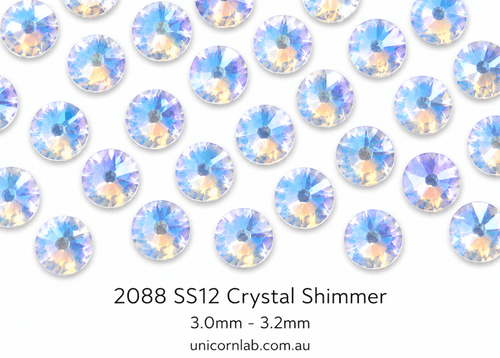 Crystal shimmer stones with size 2088 SS12 on a white background. Swarovski SS12 Crystal Shimmer Flatback Nail Crystals | Genuine 2088 Rhinestones