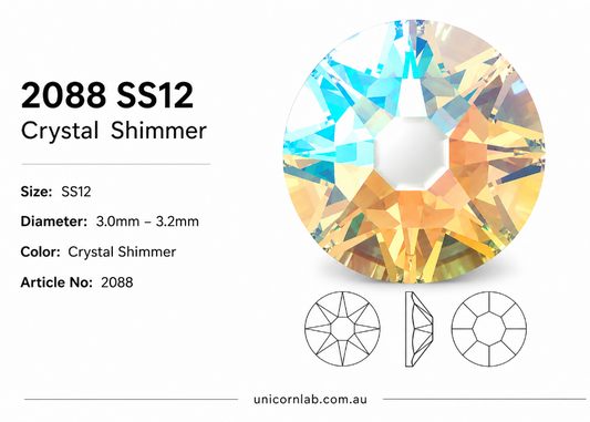 Crystal gemstone with specifications on a white background. Swarovski SS12 Crystal Shimmer Flatback Nail Crystals | Genuine 2088 Rhinestones