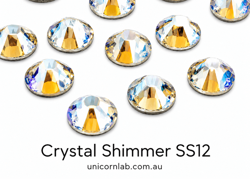 Crystal Shimmer SS12 rhinestones on a white background with 'unicornlab.com.au' text. Swarovski SS12 Crystal Shimmer Flatback Nail Crystals | Genuine 2088 Rhinestones