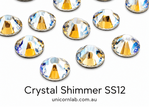 Crystal Shimmer SS12 rhinestones on a white background with 'unicornlab.com.au' text. Swarovski SS12 Crystal Shimmer Flatback Nail Crystals | Genuine 2088 Rhinestones