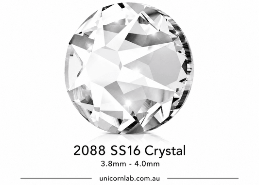 Crystal gemstone with specifications on a white background. Genuine Swarovski SS16 Crystal flatback nail crystals