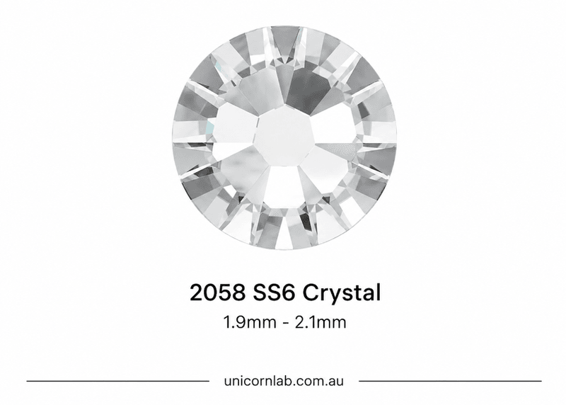 Crystal gemstone with specifications on a white background. SS6 Crystal | Flatback Nail Crystals | Genuine Swarovski 2058 Rhinestones