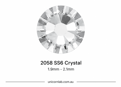 Crystal gemstone with specifications on a white background. SS6 Crystal | Flatback Nail Crystals | Genuine Swarovski 2058 Rhinestones