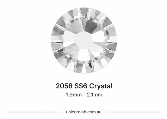Crystal gemstone with specifications on a white background. SS6 Crystal | Flatback Nail Crystals | Genuine Swarovski 2058 Rhinestones