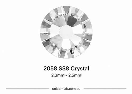 Crystal stone labeled '2058 SS8 Crystal' with size range '1.9mm - 2.1mm' on a white background. SS8 Crystal Flatback Nail Crystals | Genuine 2025 Rhinestones