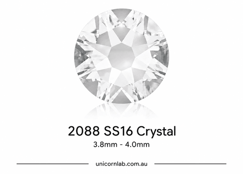 Crystal gemstone labeled '2088 SS16 Crystal' with size range '3.8mm - 4.0mm' on a white background. Genuine Swarovski SS16 Crystal flatback nail crystals