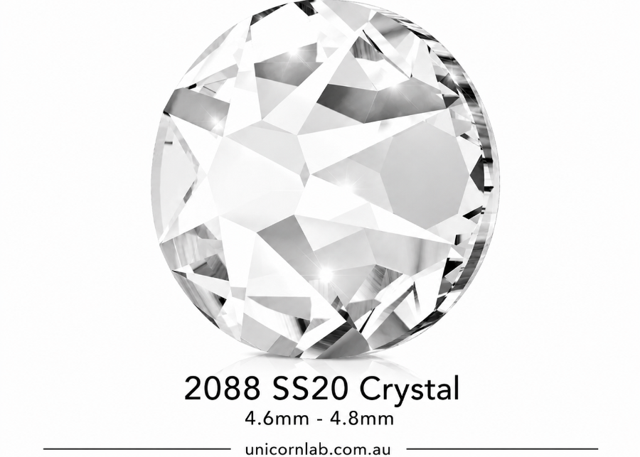 Crystal gemstone with specifications on a white background. SS20 Crystal Flatback Nail Crystals | Genuine 2088 Rhinestones
