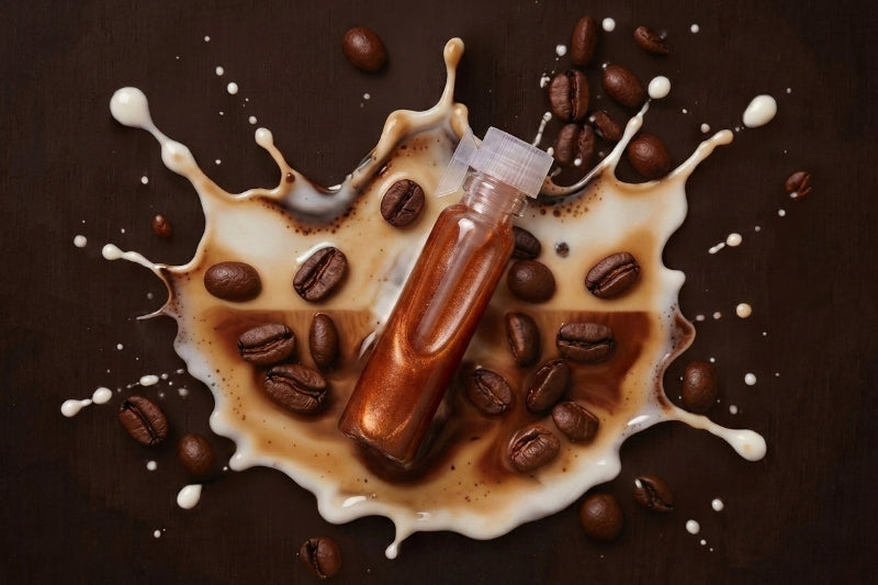 A small clear bottle filled with glossy amber-brown liquid lies on its side inside a coffee-and-milk splash on a dark brown background, surrounded by scattered coffee beans.