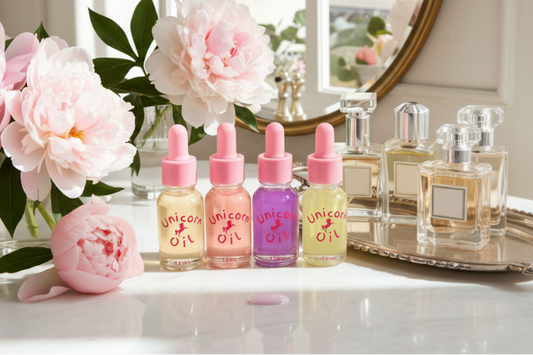 Set of unicorn oil bottles with pink caps on a table with flowers and other products.