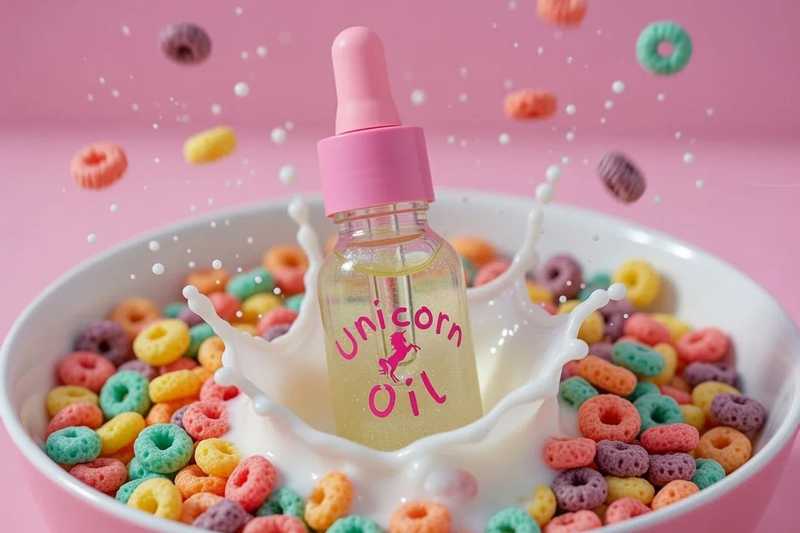 Fruit Loops scented cuticle oil splashing into a bowl of cereal and milk, colourful scented nail serum concept