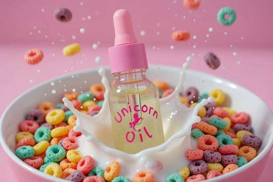 Fruit Loops scented cuticle oil splashing into a bowl of cereal and milk, colourful scented nail serum concept
