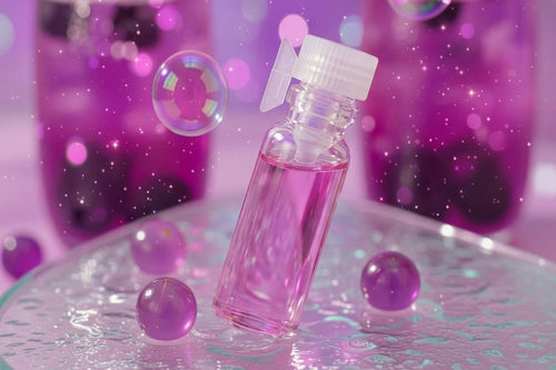 A small clear glass bottle filled with pink liquid and topped with a white flip-top cap, placed on a reflective glass surface with purple decorative bubbles and blurred pink bottles in the background.