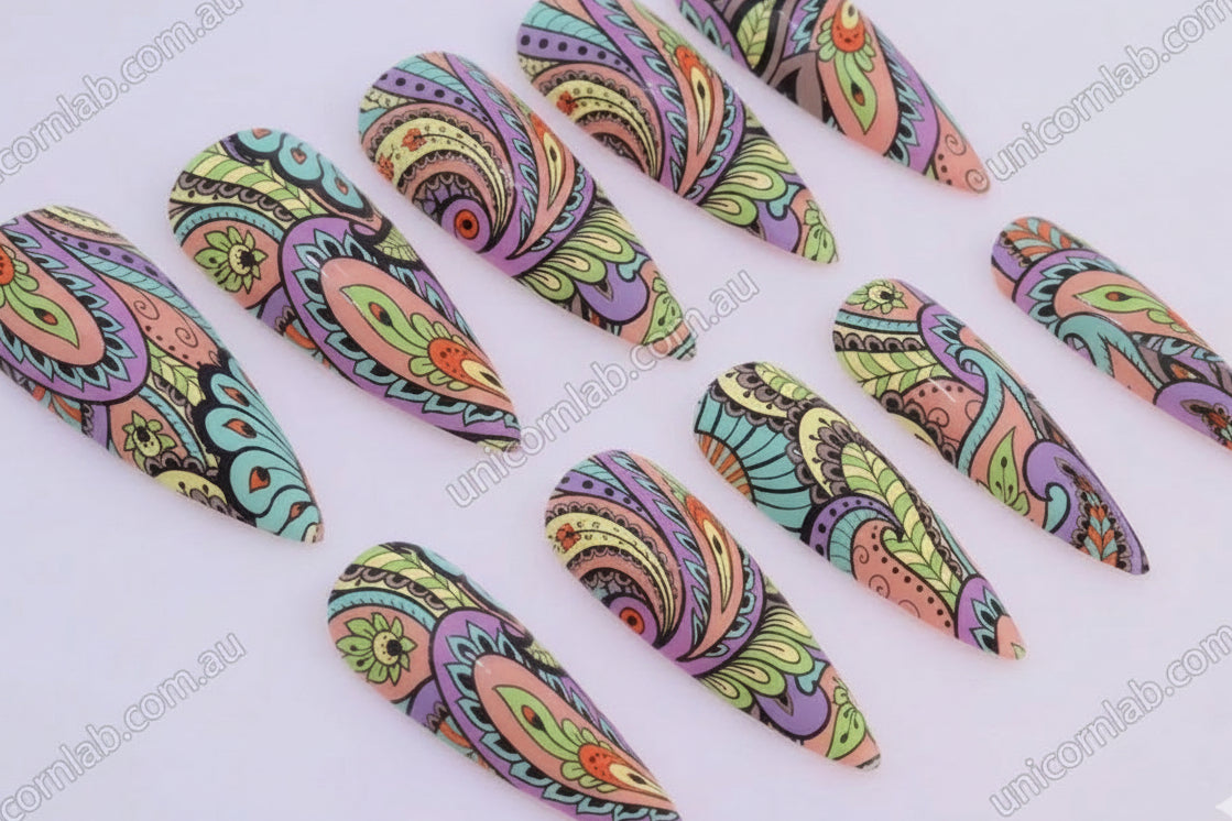 green purple blue paisley on stiletto nails waterslide nail decal - unicorn lab