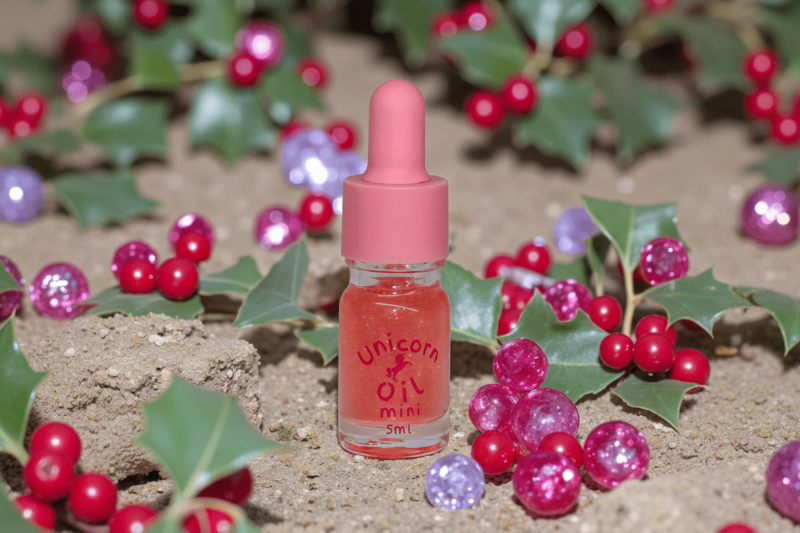 Holly Berry Unicorn Cuticle Oil - Unicorn Lab - A nail serum with pink dropper with rhinestones and a berry bush in background