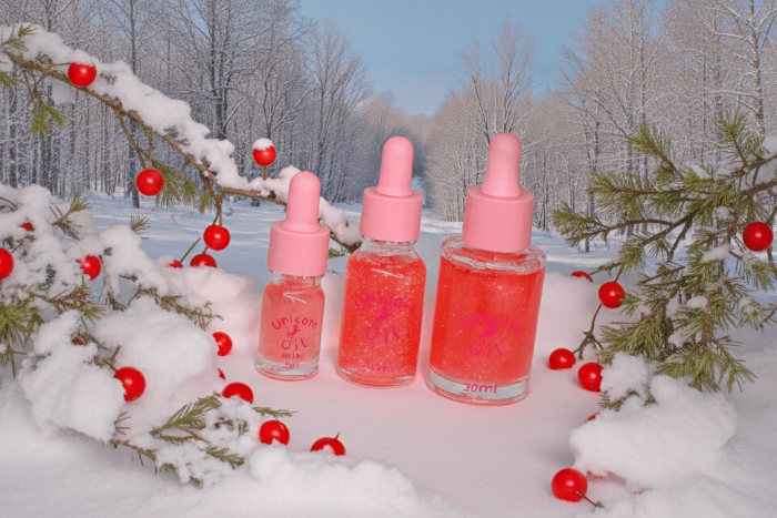 Holly Berry Unicorn Cuticle Oil in 5ml, 15ml and 30ml dropper bottles with pink lids. the bottles are outside in a snowy landscape