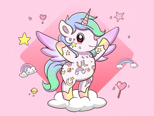 Cartoon unicorn with colorful mane and rainbow hair on a pink background