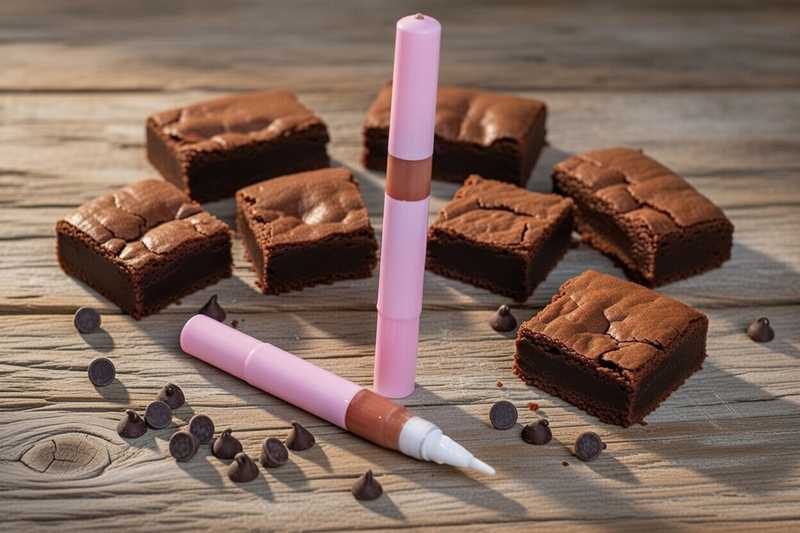 A pink Chocolate Brownie scented Cuticle Oil Pen featuring golden shimmering oil surrounded by brownie slices