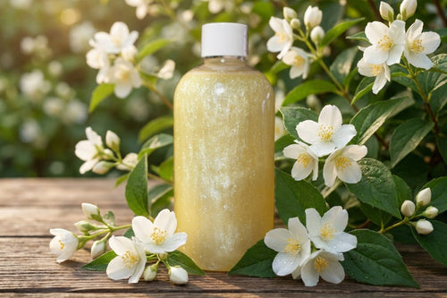 Bottle of bulk austrlaian-made cuticle oil with white flowers on a wooden surface