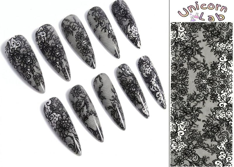 Set of black lace nail art designs on gray nails with Unicorn Lab branding.