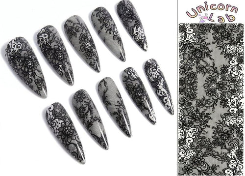 Set of black lace nail art designs on gray nails with Unicorn Lab branding.