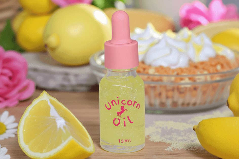 15ml glass dropper bottle of Lemon Meringue Unicorn Cuticle Oil with a golden citrus-scented oil and swirling shimmer.