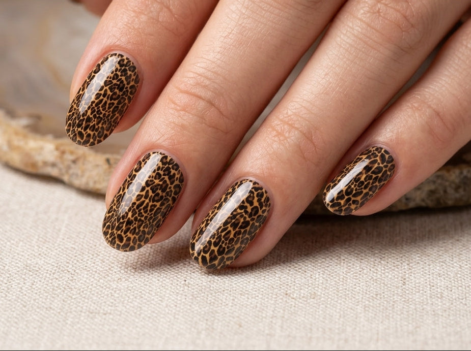 Hand with leopard print nail design on a neutral background