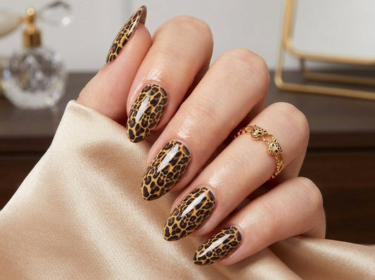 Hand with leopard print nail design wearing a gold ring on a neutral background