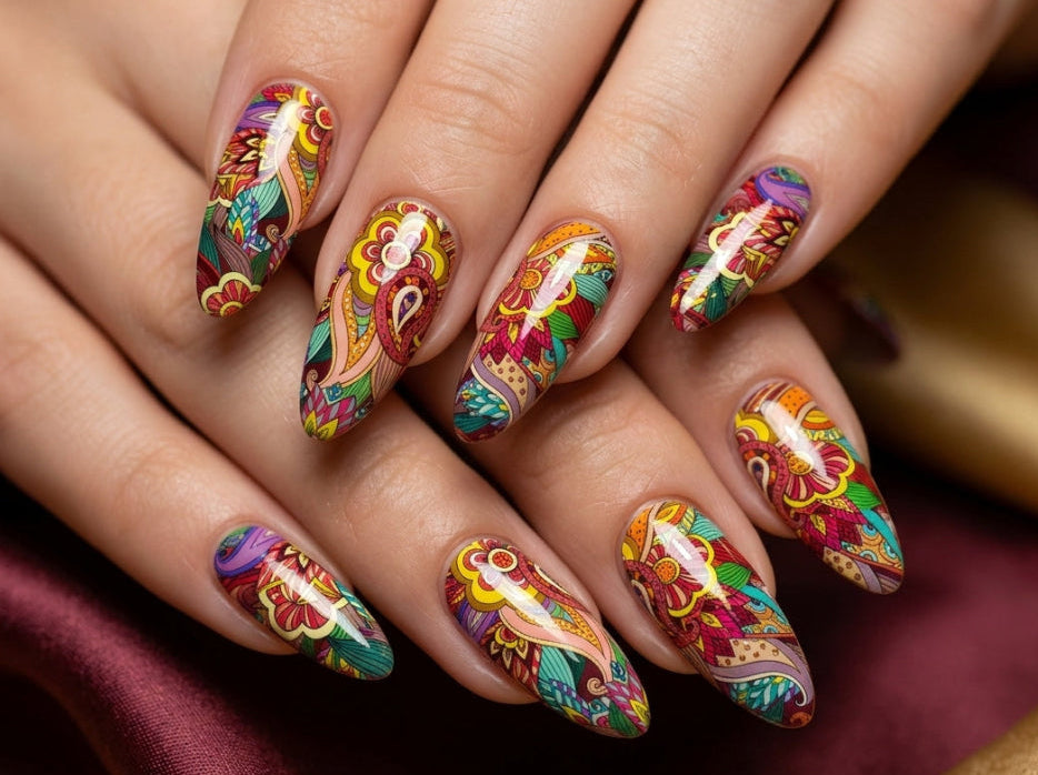 Colorful nail art design on a person's fingernails