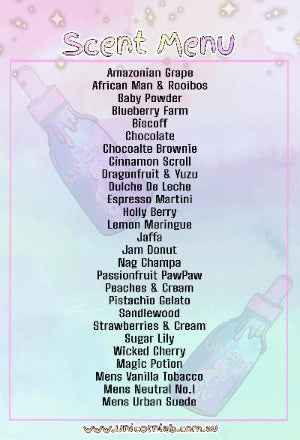 Scent menu with various scents listed on a colorful background