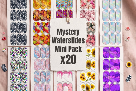 Mystery Waterslides Mini Pack with various nail art designs on a white background.