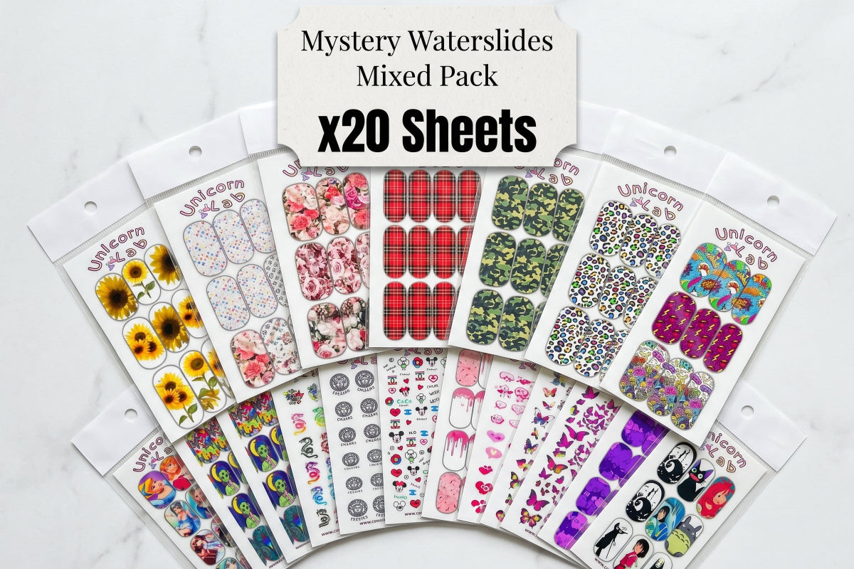 Mystery Waterslides Mixed Pack with 20 sheets on a white background