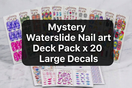 Mystery Waterslide Nail art Deck Pack with 20 large decals on a white background