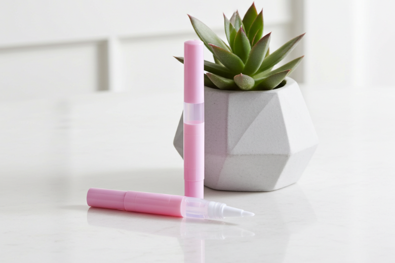 Two pink cuticle oil pens on a white surface with a small potted plant in the background.