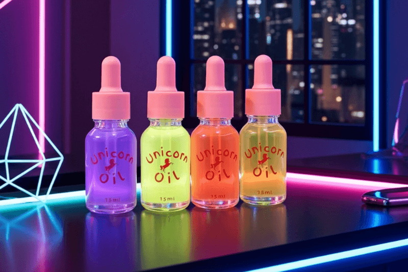 Four bottles of 'Unicorn Oil' with colorful liquids on a reflective surface in front of a cityscape at night.