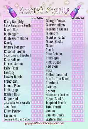 Scent menu with various scents listed on a pink and purple checkered background
