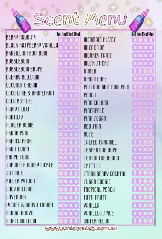Scent menu for unicorn cuticle oil with various scents listed on a light blue background