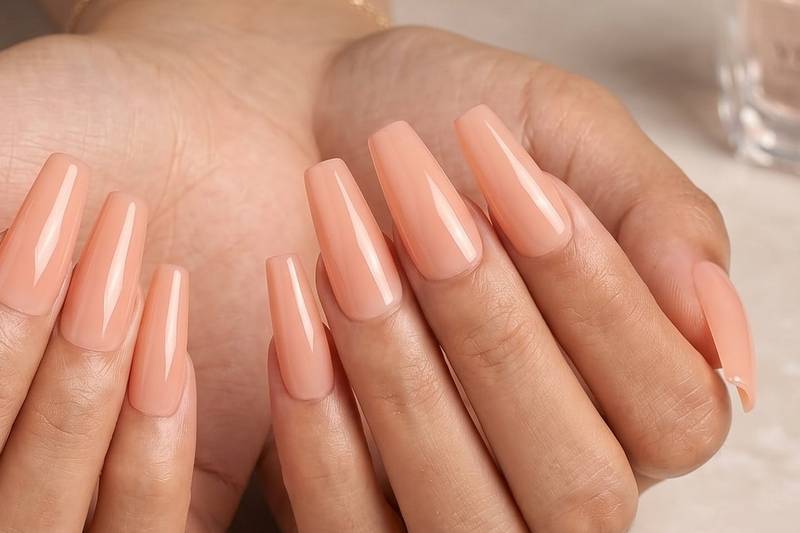 Nude coffin soft gel nail extension tips by Candy Couture