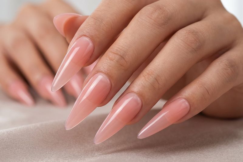 Close-up of hands with pink nail polish on a neutral background