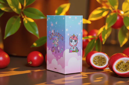 Passionfruit & PawPaw Unicorn Cuticle Oil in a magnetic close style gift box, surrounded by fruit passionfruit