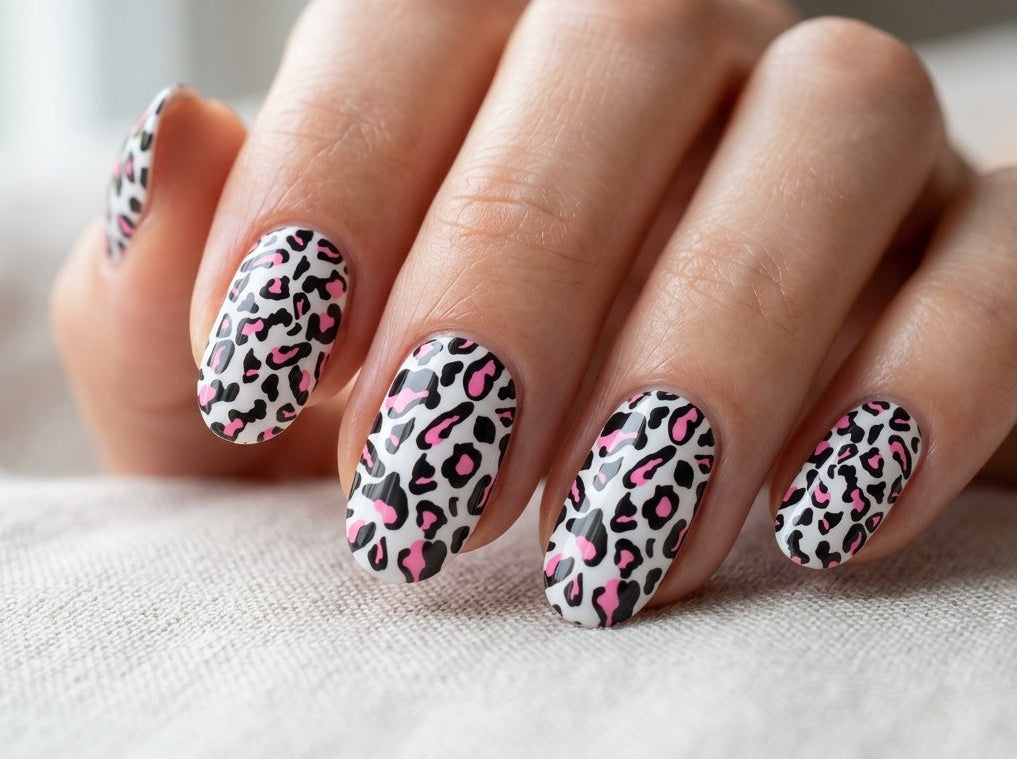 Hand with leopard print nail design on a neutral background