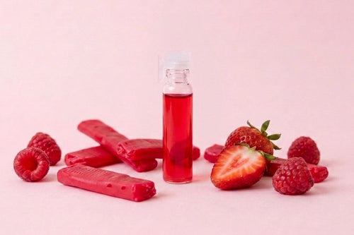 A small clear bottle filled with bright red liquid stands upright on a pale pink background, surrounded by red strawberry slices, whole raspberries, and several red candy or gel sticks.