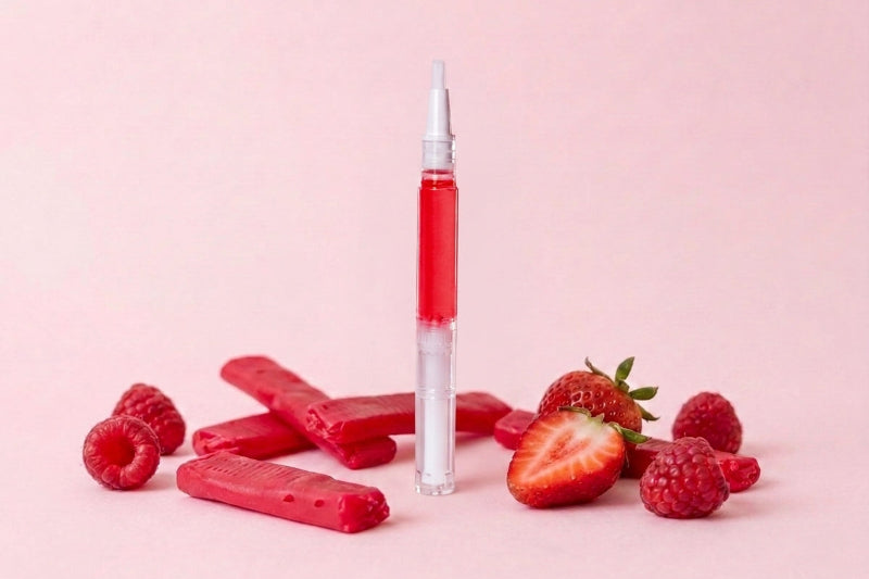 A red cuticle oil pen in a clear cylindrical tube with a white applicator tip, standing upright on a pink background with scattered strawberry slices, raspberries, and red candy pieces around it.