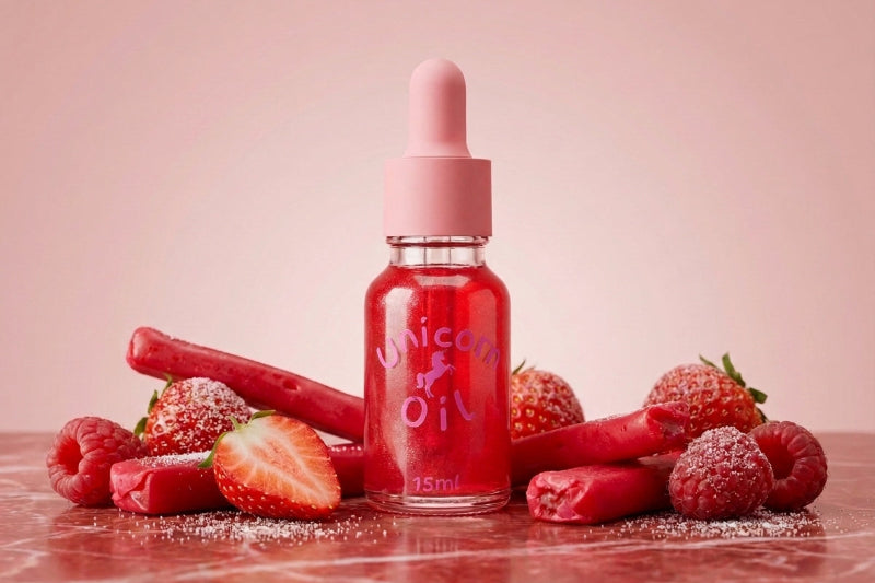 A 15ml dropper bottle of red unicorn oil surrounded by fresh strawberries, raspberries, and candy canes on a pink background.