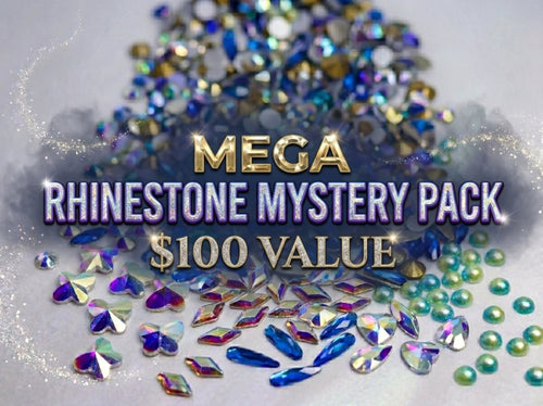 Mega rhinestone mystery pack with colorful rhinestones on a white background